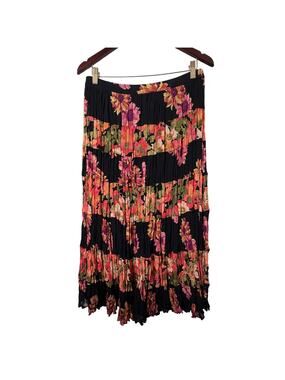 Sm Vtg Coldwater Creek Crinkle Maxi Skirt Black Pink Floral Cottagecore Boho Y2k